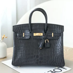 Hermes Birkin 25 Crocodile Leather Bag Black Gold Hardware