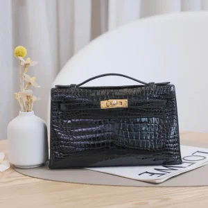 Hermes Kelly 20cm Sellier Bag Black Crocodile Gold Hardware