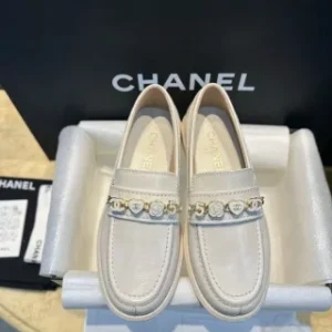 Chanel White Loafers with Enamel Buckle