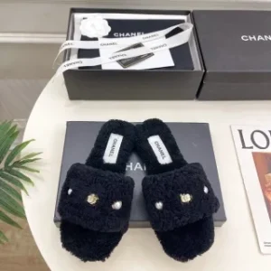Chanel Double C Pearl Furry Slippers