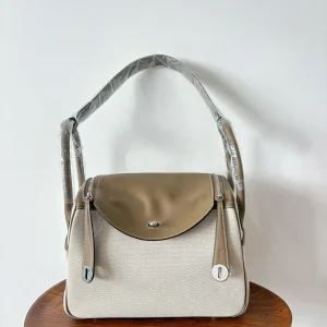 HERMES Lindy 30 Canvas & Leather Etoupe Silver Hardware