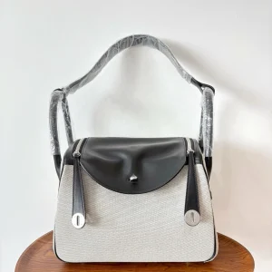 HERMES Lindy 30 Canvas & Leather Black Silver Hardware