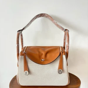 HERMES Lindy 30 Canvas & Leather Gold Silver Hardware