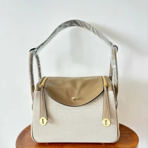 HERMES Lindy 30 Canvas & Leather Etoupe Gold Hardware