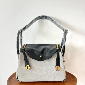 HERMES Lindy 30 Canvas & Leather Black Gold Hardware