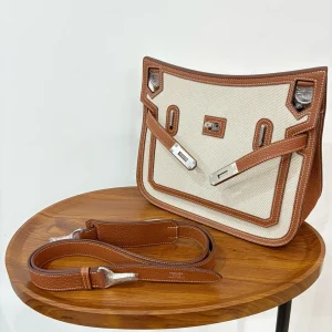 HERMES Jypsiere 28 Canvas & Leather Gold Silver Hardware