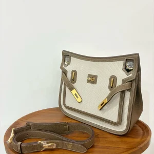 HERMES Jypsiere 28 Canvas & Leather Etoupe Gold Hardware