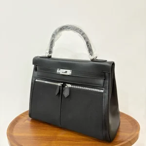HERMES Kelly Lakis 28 Black Silver Hardware