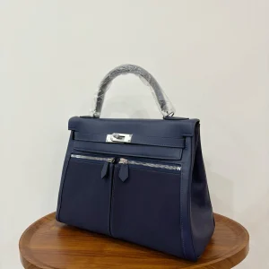 HERMES Kelly Lakis 28 Sapphire Blue Silver Hardware