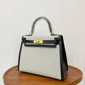 HERMES Kelly 28 Canvas & Leather Black Gold Hardware