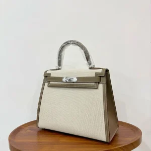 HERMES Kelly 28 Canvas & Leather Etoupe Silver Hardware