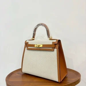 HERMES Kelly 28 Canvas & Leather Gold Gold Hardware