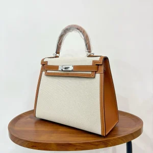 HERMES Kelly 28 Canvas & Leather Gold Silver Hardware
