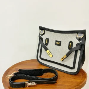 HERMES Jypsiere 28 Canvas & Leather Black Gold Hardware