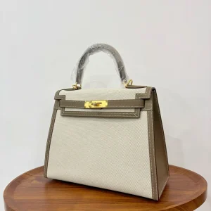 HERMES Kelly 28 Canvas & Leather Etoupe Gold Hardware
