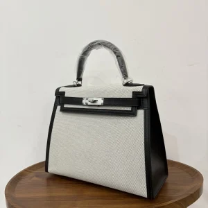 HERMES Kelly 28 Canvas & Leather Black Silver Hardware