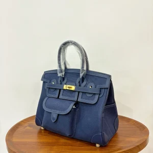 HERMES Birkin 25 Canvas Cargo Sapphire Blue Gold Hardware