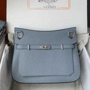 HERMES Jypsiere 28 Togo Leather Linen Blue Silver Hardware