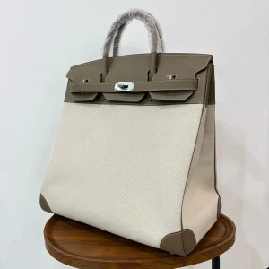 HERMES HAC 40 Canvas & Leather Etoupe Silver Hardware