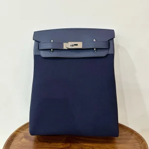 HERMES Woolycot Backpack Canvas & Swift Leather Sapphire Blue