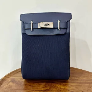 HERMES Woolycot Backpack Canvas & Swift Leather Sapphire Blue