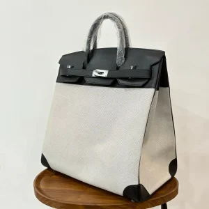 HERMES HAC 40 Canvas & Leather Black/White Silver Hardware