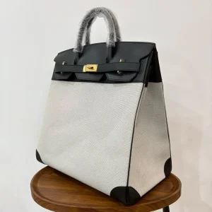 HERMES HAC 40 Canvas & Leather Black/White Gold Hardware