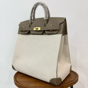 HERMES HAC 40 Canvas & Leather Etoupe Gold Hardware