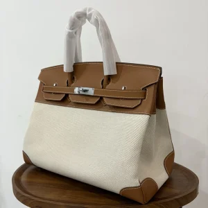HERMES Birkin 35 Canvas & Leather Gold Silver Hardware
