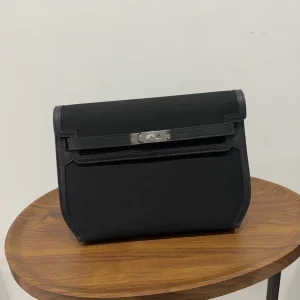 HERMES Kelly Depeches 25 Canvas Leather Black