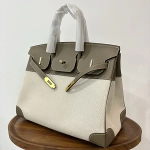 HERMES Birkin 35 Canvas & Leather Etoupe Gold Hardware