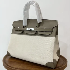 HERMES Birkin 35 Canvas & Leather Etoupe Silver Hardware