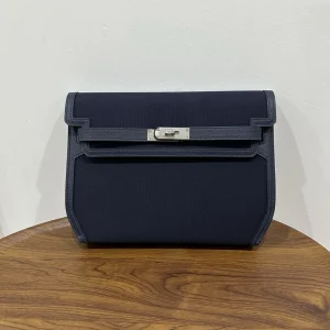 HERMES Kelly Depeches 25 Canvas Leather Sapphire Blue