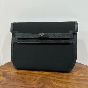 HERMES Kelly Depeches 25 Canvas Leather Black