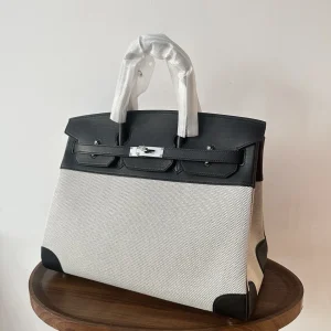 HERMES Birkin 35 Canvas & Leather Black Silver Hardware