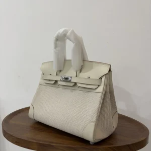 HERMES Birkin 25 Canvas & Leather Milk White Silver Hardware
