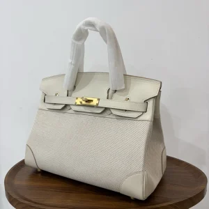 HERMES Birkin 30 Canvas & Leather Milk White Gold Hardware