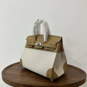 HERMES Birkin 25 Canvas & Leather Biscuit Color Silver Hardware