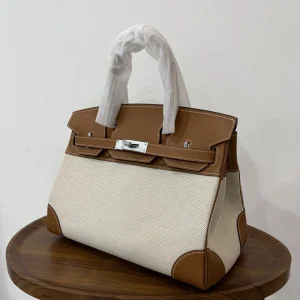 HERMES Birkin 30 Canvas & Leather Gold Silver Hardware