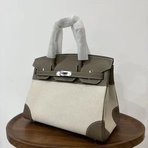 HERMES Birkin 30 Canvas & Leather Etoupe Silver Hardware