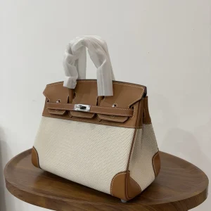 HERMES Birkin 25 Canvas & Leather Gold Silver Hardware