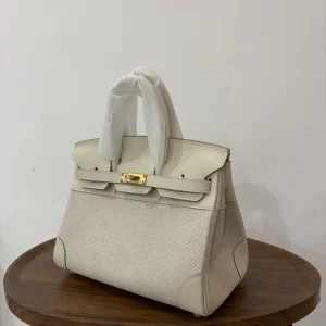 HERMES Birkin 25 Canvas & Leather Milk White Gold Hardware