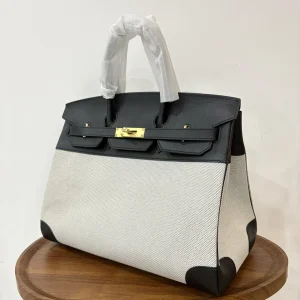 HERMES Birkin 35 Canvas & Leather Black Gold Hardware