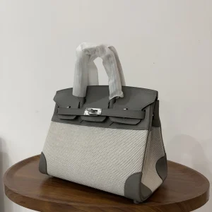 HERMES Birkin 25 Canvas & Leather Gray Silver Hardware