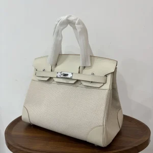 HERMES Birkin 30 Canvas & Leather Milk White Silver Hardware