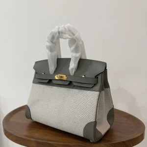 HERMES Birkin 25 Canvas & Leather Gray Gold Hardware