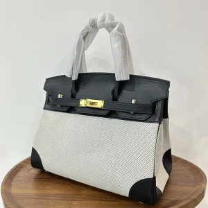 HERMES Birkin 30 Canvas & Leather Black Gold Hardware