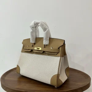 HERMES Birkin 25 Canvas & Leather Biscuit Color Gold Hardware