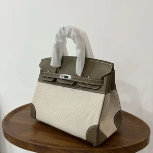 HERMES Birkin 25 Canvas & Leather Etoupe Silver Hardware