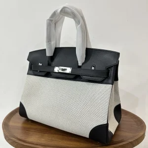 HERMES Birkin 30 Canvas & Leather Black Silver Hardware